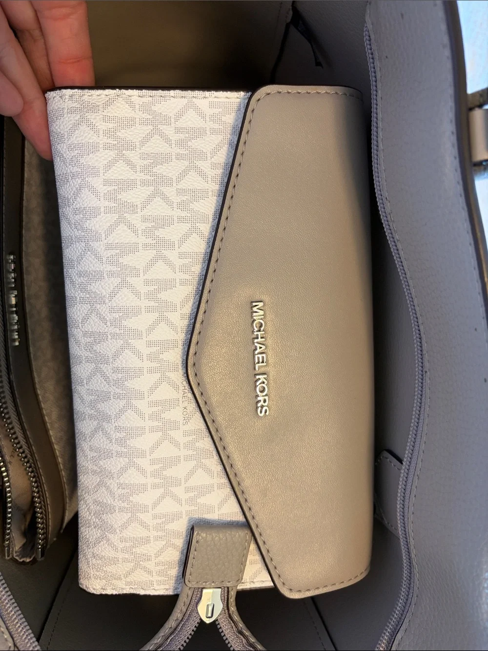 Michael Kors Light Gray Pebbled Leather Tote with MK Charm